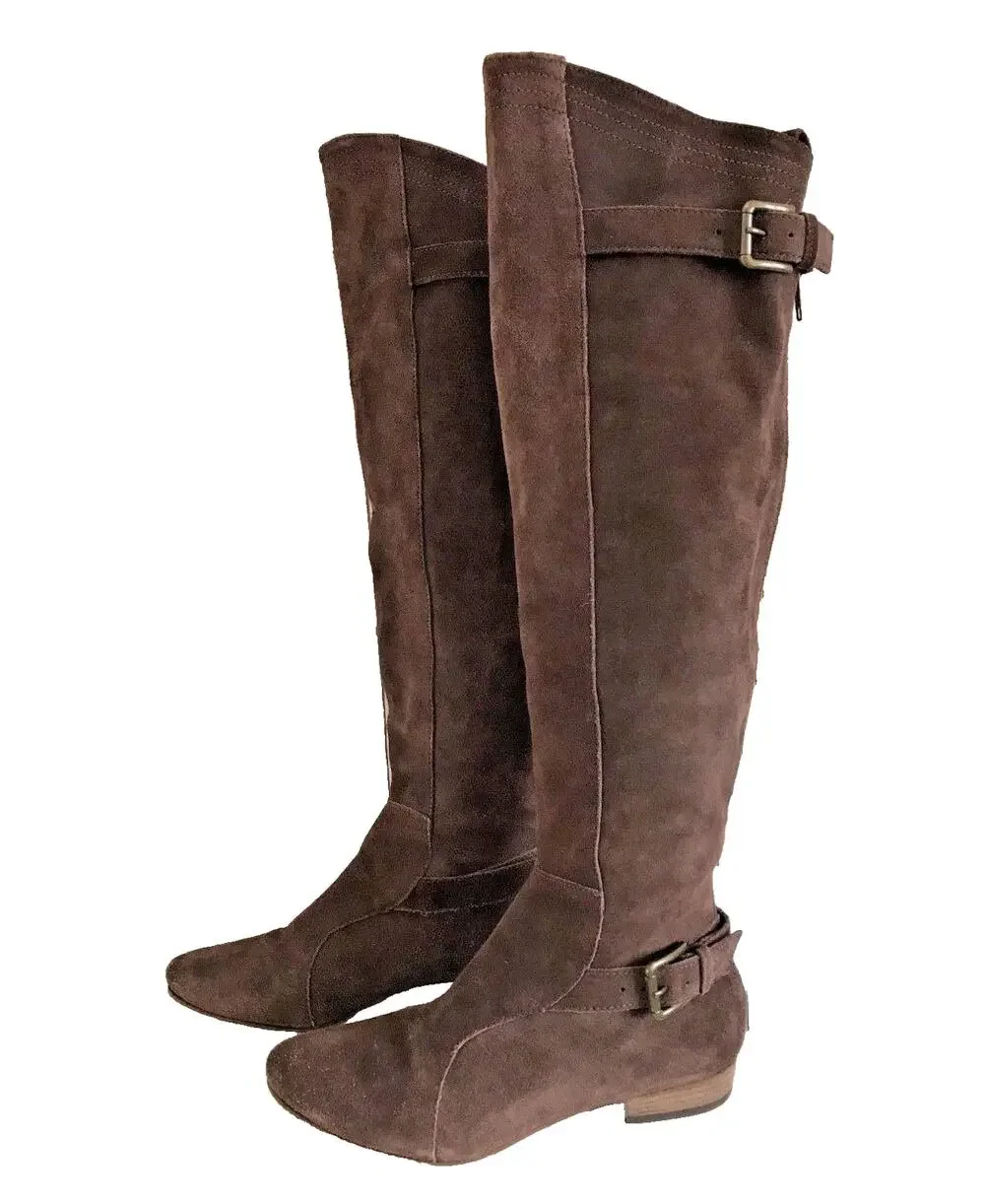 JOIE Many Roads Over The Knee Brown Suede Flat Boots Buckle Zipper 37 6.5